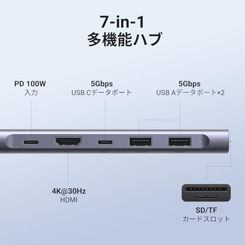 UGREEN Revodok 1071 USB-Cハブ 7-IN-1 USB ハブ Type-C PD100W急速充電 USB-C 5Gbps高速転送 4K HDMIハブ USB 3.0 2ポート拡張 SD Micro SD/TFカードリーダー付き タイプC アダプター Mac air/Pro/Rog Ally Dell XPS HP Surface Go Galaxy Xperia 5などに対応の特徴・詳細 画像