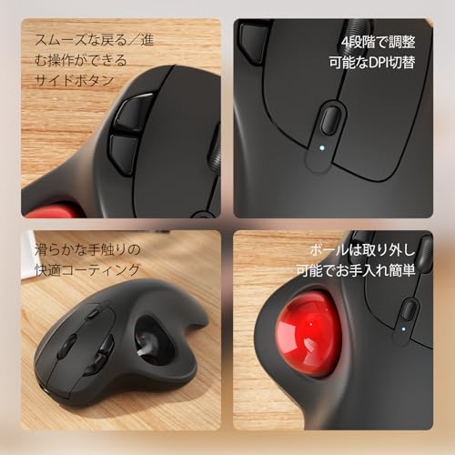 Nulea トラックボールマウス ワイヤレス Bluetooth/2.4G/USB 3台同時接続 充電式 4段階DPI 人間工学 親指操作 右利き 6ボタン 進む/戻るボタン搭載 PC/ノート/Windows/Mac/iPad対応 無線 M501 レッドの特徴・詳細 画像