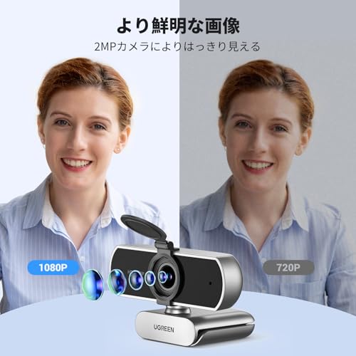 UGREEN ウェブカメラ FineCam Lite フルHD 1080P 200万画素 マイク内蔵 USB Webカメラ、ノイズキャンセリングマイク×2、85°超広視野角 & 固定焦点、プラグ＆ドプレイ、自動光補正、プライバシーカバー付き、ストリーミング/会議用PCカメラ、 Zoom/Teams/Skype、在宅勤務・授業・会議用 シルバーグレーの特徴・詳細 画像