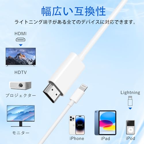 HDMIケーブル 【2026MFi認証品】 iPhone HDMI 変換ケーブル 2m ライトニング HDMI ミラーリング 変換アダプタ 1080PフルHD TV大画面 設定不要 電源不要 遅延なし 音声同期出力 iPhoneテレビに映す i-Phone/i-Pad iOS対応 日本語説明書付属の特徴・詳細 画像