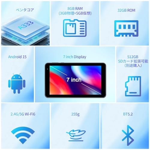 タブレット 7インチ Wi-Fi6モデル Android15 タブレット 5コアCPU 3GB+32GB+512GB拡張 IPSディスプレイ 5GHz Wi-Fi6 電子書籍/WEB閲覧/動画視聴 GPS未対応 PRITOM プリトム ブラックの詳細・まとめ 画像