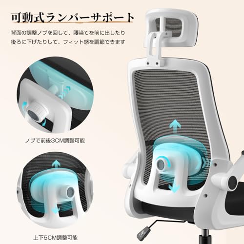 オフィスチェア デスクチェア ゲーミングチェア 腰サポート可動式ランバー 跳ね上げ式アームレスト 2Dヘッドレスト 30°ロッキング 通気性メッシュ 8CM厚座面 360°回転 10CM昇降調節 パソコンチェア(ホワイト)の特徴・詳細 画像