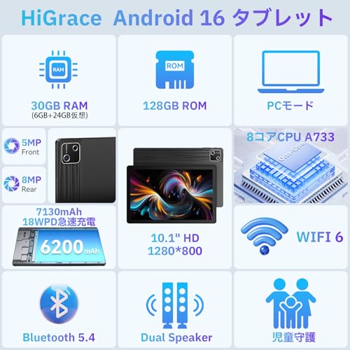 HiGrace Android16 タブレット 10インチ 18WPD急速充電 7130mAhバッテリー WiFi6モデル 30GB+128GB+2TB拡張 Gemini AI搭載 8コアCPU PCモード 1280*800 IPS画面 Bluetooth5.4 RGBライト搭載 Widevine L1対応 GMS認証 無線投影 顔認識 画面分割 日本語説明書の詳細・まとめ 画像