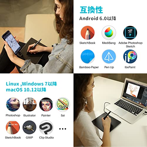 HUION ペンタブ ペンタブレット HS64 板タブ スマホ対応 android対応 windows mac対応 8192レベルの筆圧感知 充電不要ペン 4個のショートカット 左利き クリスタ お絵描き イラストの詳細・まとめ 画像