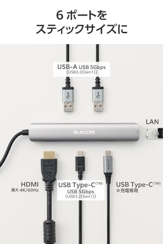 エレコム USB-Cハブ ドッキングステーション 6in1 スリムタイプ PD 100W対応 4K60Hz対応 HDMI MacBook MacBook Air MacBook Pro iPad対応 ブラック DST-W09の特徴・詳細 画像