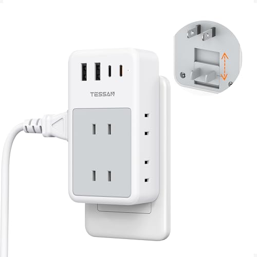 電源タップ usb付き コンセントタップ 雷ガード 6個AC口 4USBポート(2つType-Cポート) TESSAN PD20W USB充電器 l字 縦型 たこあし コンセント タコ足配線 雷サージ 調節可能な追加補助プラグ 日本国内でのみ使用可能 グレーの外観・全体像 画像