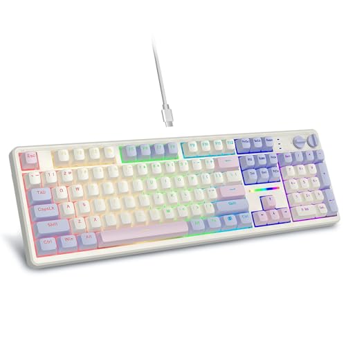 e元素ゲーミングキーボード シルバーウッド軸メカニカルキーボード USB有線接続英語配列104キー 全キーホットスワップ 銀軸を採用 メカニカル式ゲーム用キーボード 単色バックライト付き 全キー防衝突 Windows/Macに対応 (ホワイト＋ブルー＋パープル) 1