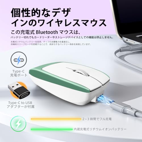 FMOUSE ミニ 2in1 Bluetooth ワイヤレスマウス TF カードリーダー 8GB TF カード付属 充電式 Type-C to USB アダプタ付き 旅行/オフィス/外出先に最適 本体サイズ 78×38×22mm グリーンの特徴・詳細 画像