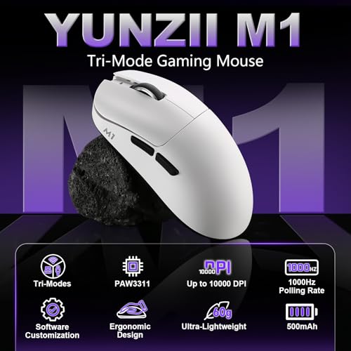 YUNZII M1 ワイヤレスゲーミングマウス 3モード（2.4GHz/Bluetooth/有線） ゲーミングマウス PAW3311センサー搭載 10000DPI 充電式ワイヤレスマウス 5つプログラマブルボタン付き Win & Macでソフトウェアカスタマイズ可能 (ホワイト)の詳細・まとめ 画像