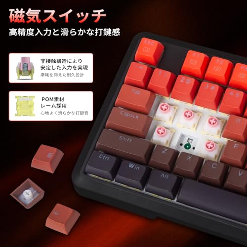 ゲーミングキーボード 磁気スイッチ ラピッドトリガー対応 0.1~4.0mm 調整可能 8000Hz 高速応答 ホットスワップ ガスケットマウント構造 ノブ付き RGB PBTキーキャップ 75% コンパクト 有線 英語配列の特徴・詳細 画像