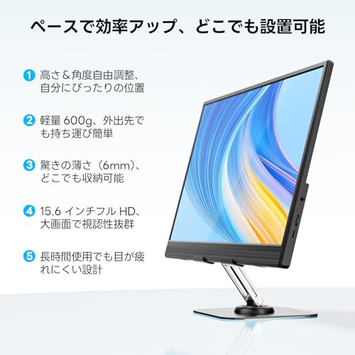 【2026年モデル先行販売】Dopesplay 15.6インチ モバイルモニター 卓上スタンド付き モバイルディスプレイ RGB広色域 1920x1080 FHD HDR IPS液晶パネル ブルーカット 薄型 軽量持ち運び スピーカー内蔵 VESA USB Type-C/Mini HDMI端末対応 PS5/Xbox/Switch/PC/Macなど対応 商務会議 在宅勤務 出張リモートワークの詳細・まとめ 画像
