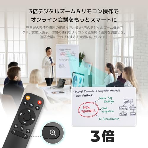 Nearity V30S 会議用webカメラ 4K UHD ウェブカメラ 120°広角レンズ 中小会議室向け 8MP CMOSセンサー AIノイズキャンセリング マイク・スピーカー内蔵 USB接続 プラグ&プレイ 拡張マイク対応 最大8m集音 リモコン/三脚/プライバシーカバー付属 Zoom/Teams対応 オンライン会議/ハイブリッド会議/遠隔会議/社内ミーティング用 ブラックの特徴・詳細 画像
