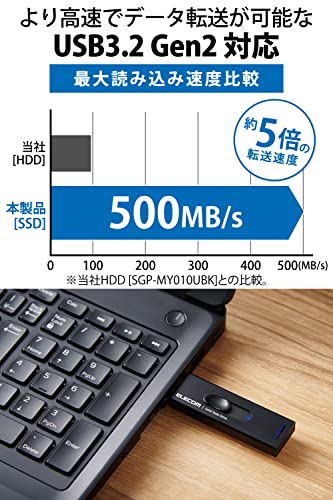 エレコム SSD 外付け 500GB USB3.2(Gen2) 読込速度500MB/秒 アルミ筐体 スライド式 キャップレス 【PS5/PS4/テレビ録画 対応】 ブラック ESD-EMA0500GBKの特徴・詳細 画像
