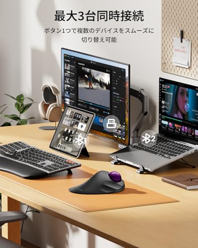 ProtoArc EM03 NL トラックボールマウス 人差し指 静音 無線 2.4GとBluetooth両対応 3台同時接続 ワイヤレスマウス トラックボール USB充電式 中指操作 6ボタン 5段階DPI切替 Windows/mac/iOS/Android対応 大玉付き パープルの特徴・詳細 画像