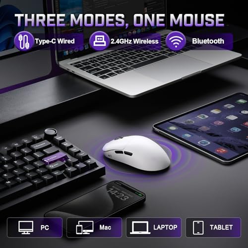 YUNZII M1 ワイヤレスゲーミングマウス 3モード（2.4GHz/Bluetooth/有線） ゲーミングマウス PAW3311センサー搭載 10000DPI 充電式ワイヤレスマウス 5つプログラマブルボタン付き Win & Macでソフトウェアカスタマイズ可能 (ホワイト)の特徴・詳細 画像