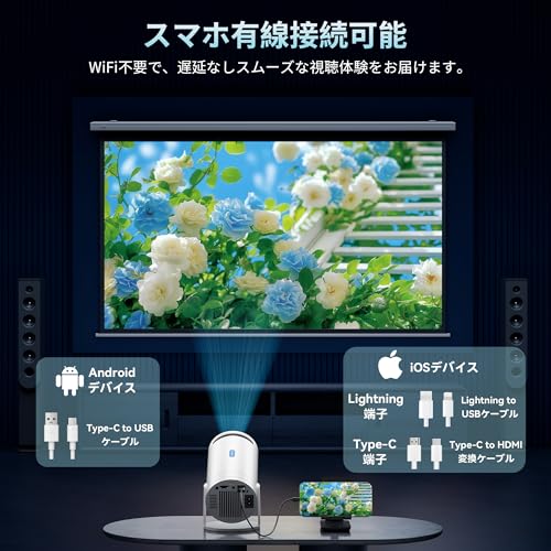【Amazon.co.jp限定】2026新登場WiFiなしでも使える＆スマホ対応＆初心者向けプロジェクター 小型 家庭用 270°回転 1080P HD 電動台形補正 自動スリープ 50%ズーム 天井投影 有線接続 短距離投影 300”投影画面 スタンド一体型 軽量 操作簡単 Android/iOSスマホHDMI/USB/AUX PC/TV Stick/PS機対応 母の日ギフト プレゼントの特徴・詳細 画像