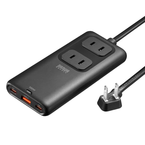 サンワサプライ 電源タップ USB PD 100W GaN スリムタップ AC2個口 USB-C×2 USB-A×1 ノートPC・スマホ急速充電 薄型18mm L型プラグ 1.5m ブラック TAP-SLIM7U-15BK 1