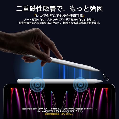 JAMJAKE iPad用ペンシル アップルペンシル代用ペン 2018年~2026年 iPad対応 タッチペン 超高感度 極細 スタイラスペン Type-C急速充電 傾き感知/磁気吸着/誤作動防止機能対応 軽量 耐摩 学生 子供 筆記 絵を描く デザイン用 ドローイング用の特徴・詳細 画像