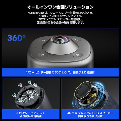 Nuroum 360 Pro ウェブカメラ web会議用 360°カメラ マイク スピーカー 一体型 USBプラグ＆プレイ AIビデオモード 自動フォーカスズーム ノイズキャンセリング 中～大会議室向け オールインワン ウェブカメラZoom/Teams/Google Meet対応 C50Sの特徴・詳細 画像