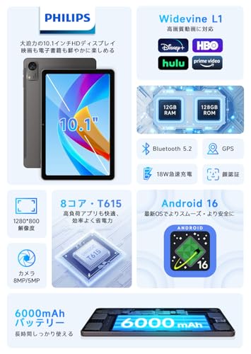 【国内正規品】PHILIPS Android16 タブレット 10インチ wi-fiモデル 8コアCPU 12GB RAM+128GB ROM+1TB拡張 90Hzリフレッシュレート 6000mAhバッテリー Type-C充電 WidevineL1 BT5.0/顔認証/GPS/2.4G&5GWi-Fi/分割画面/無線投影/学習・ビジネス・子供対応 日本語説明書 T7315 (グレー)の詳細・まとめ 画像