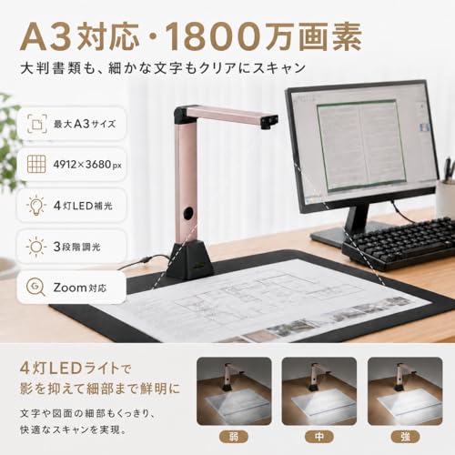 iOCHOW スキャナー ドキュメントスキャナー a3 a4対応:非破壊 書画カメラ 高速 スキャン 1800万画素 OCR pdf対応 自動補正 コンパクト 折りたたみ Windows/Mac対応 オーバーヘッドスキャナー LEDライト3段階 130言語OCR認識 バーコードQR読取 書類 写真 自炊用 家庭 オフィス 教室用 領収書 名刺 証明書 アルバムデジタル化 高速撮影の詳細・まとめ 画像