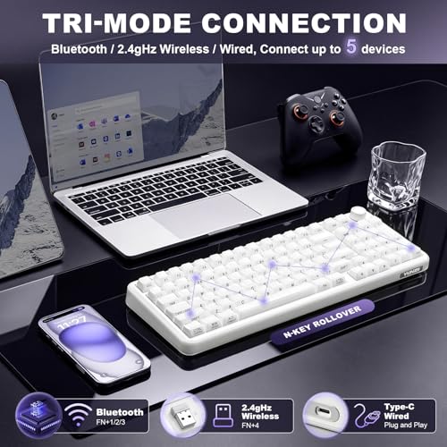YUNZII X98 QMK/VIA対応 ワイヤレス メカニカルゲーミングキーボード ジェリーキーキャップ 3モード接続 BT5.0/2.4GHz/USB-C ホットスワップ可能 潤滑済みスイッチ ガスケット構造 RGBバックライト ノブ付き Win/Mac対応 技適認証取得 (ミルキーホワイト, スノースイッチ)の特徴・詳細 画像