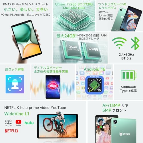 【タブレット 8インチ Wi-Fiモデル】Bmax I8 Plus Android16 タブレット、24GB+128GB+2TB拡張、8コアCPU T7250 、90Hz高刷新率8.7インチ Tablet、6000mAh大容量バッテリー+Type-C充電、WidevineL1対応+無線投影、BT5.2+OTG+GPS搭載、顔認識+画面分割+児童保護+FMラジオ 保護フイルム貼り済みの詳細・まとめ 画像