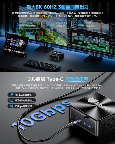 ミニpc【最強クラスCPU インテル Core i9-12900H搭載】 DDR5 24GB+2TB拡張対応 NVMe SSD 小型PC 最大周波数5.0GHz 14コア/20スレッド ミニパソコン 8K@60Hz 三画面 ゲーミング mini pc Win11 Pro ミニパソコン WiFi6/BT5.2対応 フル機能Type-C office対応 高速冷却 24GB+1TB B9Powerの特徴・詳細 画像