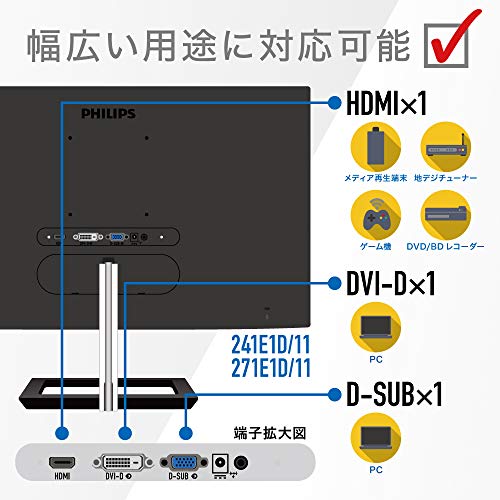 PHILIPS 液晶ディスプレイ PCモニター (23.8インチ/IPS Technology/FHD/5年保証/HDMI/D-Sub/DVI-D/フレームレス/OSD日本語対応/ブルーライトカット/フリッカーフリー) 241E1D/11の詳細・まとめ 画像