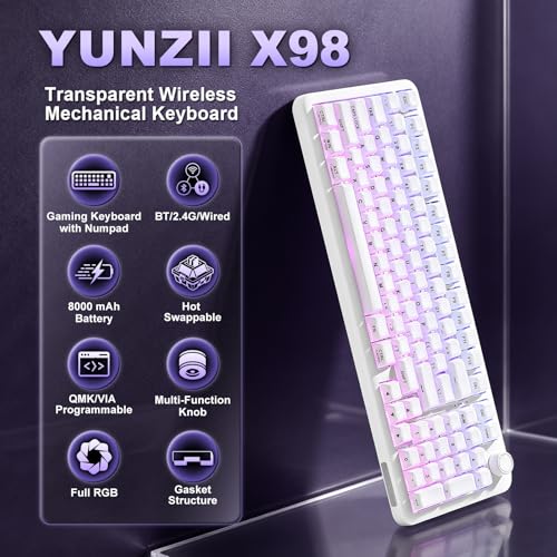 YUNZII X98 QMK/VIA対応 ワイヤレス メカニカルゲーミングキーボード ジェリーキーキャップ 3モード接続 BT5.0/2.4GHz/USB-C ホットスワップ可能 潤滑済みスイッチ ガスケット構造 RGBバックライト ノブ付き Win/Mac対応 技適認証取得 (ミルキーホワイト, スノースイッチ)の詳細・まとめ 画像