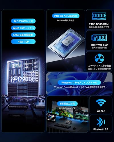 ミニpc【最強クラスCPU インテル Core i9-12900H搭載】 DDR5 24GB+2TB拡張対応 NVMe SSD 小型PC 最大周波数5.0GHz 14コア/20スレッド ミニパソコン 8K@60Hz 三画面 ゲーミング mini pc Win11 Pro ミニパソコン WiFi6/BT5.2対応 フル機能Type-C office対応 高速冷却 24GB+1TB B9Powerの詳細・まとめ 画像