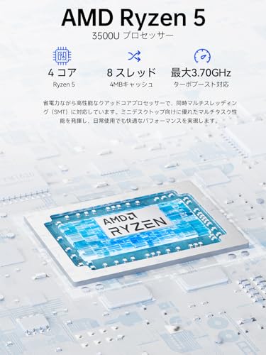 GMKtec ミニPC 【G10 ブラック 初登場 Ryzen 5 3500U搭載・(N5030の2倍超え)】 64GB DDR4+16TB SSD拡張対応|動作より安定 最大3.7GHz|4K×3画面出力・2.5GLAN HDMI 2.1/DP/Type-C・Win11 Pro Mini PC USB3.2×2 企業・学習向け・プロ用 超小型 高性能G10 16GB+256GBの特徴・詳細 画像