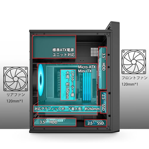 MAQUYマイクロATX PCケース ハンドル付き 0.7mmスチール製 ポータブルデザイン 最大260mmグラフィックボード対応 ATX電源ユニット対応 120mmリアファン標準装備 ミニタワー デスクトップ用 ブラック(31.5*18.5*35cm)の特徴・詳細 画像