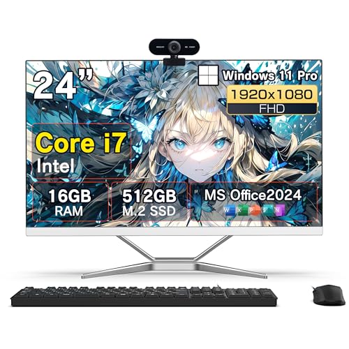 【2026新登場】Wingame 一体型PC 24インチ デスクトップパソコン Win11 Pro Core i7 16GB/512GB SSD MS Office 2024搭載 FHD 1920x1080P 広視野角ディスプレイ 有線キーボード・マウス付属 Wi-Fi5対応 ビジネス 在宅用 1