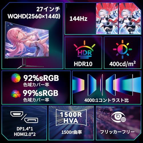 KTC 27インチ 湾曲ゲーミングモニター WQHD (2560x1440) 144Hz 1ms(MPRT) 1500R 4000:1コントラスト比 HDR10 sRGB99%/DCI-P3 92% 色域カバー率 ΔE<2 VAパネル AdaptiveSync対応 PS5対応 HDMI2.0×2 DP1.4×1 VESA チルト調整可能 H27S5Cの詳細・まとめ 画像