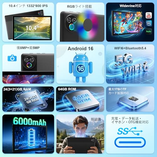 タブレット - HiGrace Android16 タブレット 10インチ 24GB+64GB+1TB拡張 wi-fi6モデル 1332*800画面 Widevine L1対応 Bluetooth5.4 WiFi 6 6000mAhバッテリー 顔認識 RGBライト搭載 児童守護 無線投影 キーボード+マウス+保護ケース+タッチペン+ヘッドフォン付 日本語説明書 一年保証の詳細・まとめ 画像
