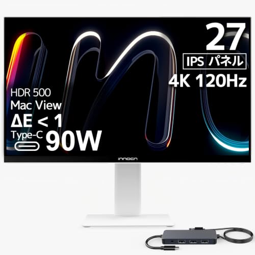 INNOCN CB27U1 27インチ 4K モニター クリエイター向け MacView対応 4K 120Hz 99% Adobe RGB/99% DCI-P3 ΔE<1 色校正 HDR500 2000:1 Type-C 90W HDMI2.1 DP1.4 PIP/PBP 高さ調整 ピボット 非光沢 ホワイトの外観・全体像 画像