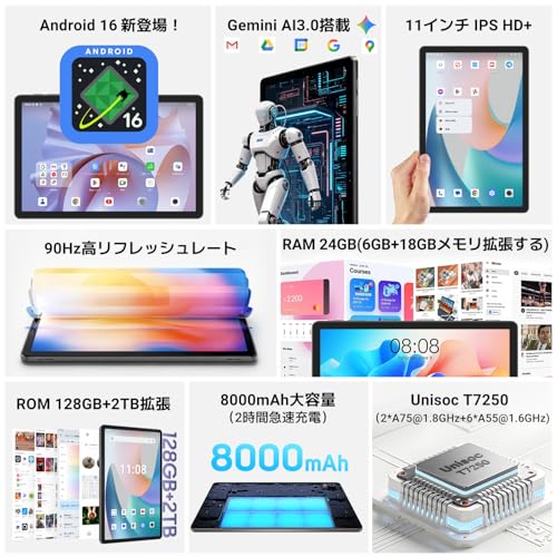 【2026新登場タブレット Android16 11インチ】Tabwee アンドロイドタブレット Wi-Fiモデル、24GB+128GB+2TB拡張 Gemini AI 3.0搭載 T7250 8コア/ 90Hz / 8000mAh/ 5GWiFi/ GMS認証/WideVine L1 Netflix/BT5.0/ GPS/WPS/顔認識/無線投影/AIカメラ 仕事用tabletの詳細・まとめ 画像