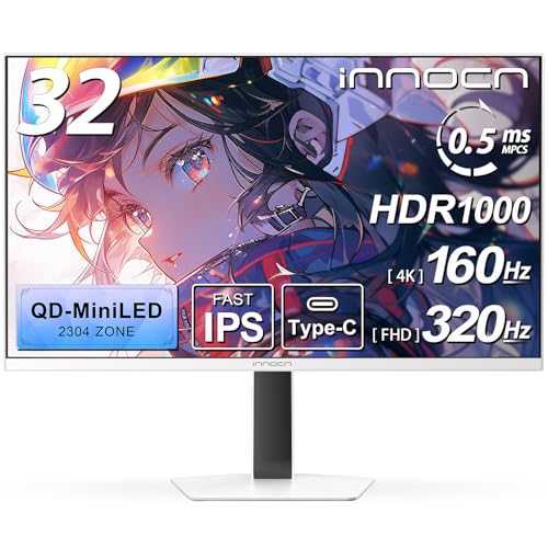 【Amazon.co.jp限定】INNOCN MiniLED 4k モニター 32インチ ゲーミングモニター 4K@160Hz/フルHD@320Hz切り替え デュアルモニター ホワイト 0.5ms MPCS 非光沢 広色域 無輝点保証対応 (QD量子ドット/HDR1000/HDMI 2.1×2/DP 1.4×2/USBハブ/Type-C 給電/VESA対応/スピーカー/高さ調整) GA32V1Mの外観・全体像 画像