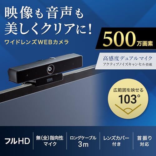サンワサプライ WEBカメラ 500万画素 広角 水平103°/対角118° UVC対応 ノイズキャンセルマイク USB接続 Windows/macOS/ChromeOS対応 CMS-V51BKの詳細・まとめ 画像