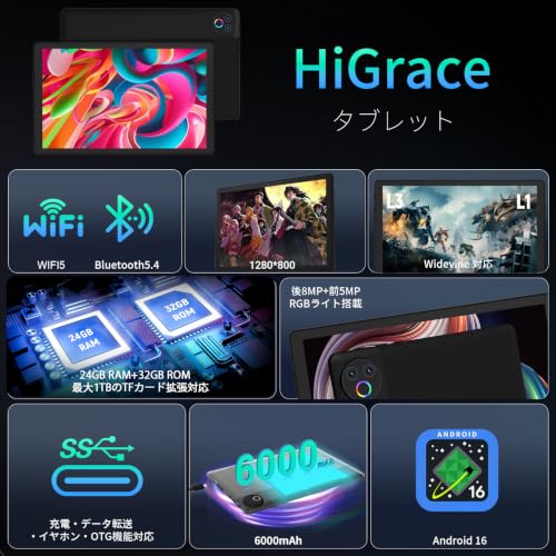 タブレット - HiGrace 10インチ Android16 Wi-Fiモデル 1280*800 IPS画面 RGBライト搭載 24GB+32GB+1TB拡張 6000mAhバッテリー Bluetooth5.4 アンドロイド タブレット Type-C OTG 無線投影 顔認識 Widevine L1対応 GMS認証 日本語説明書の詳細・まとめ 画像