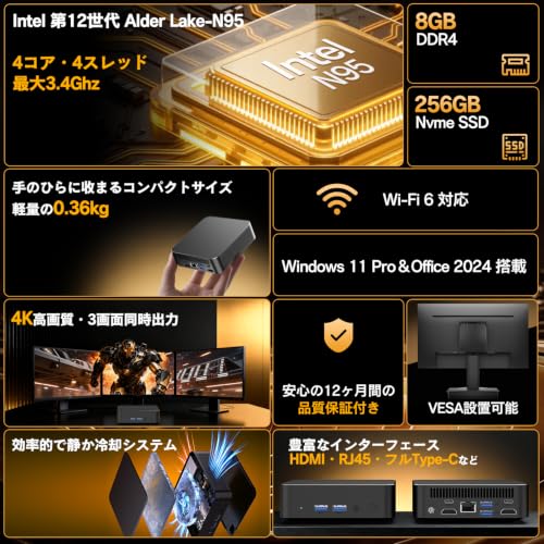 Wingame ミニPC Intel N95 Win11 Pro Office2024 4K 3画面出力 WiFi6 8GB+256GB 超小型の詳細・まとめ 画像